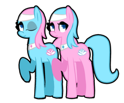 Size: 1200x1000 | Tagged: safe, artist:provolonepone, character:aloe, character:lotus blossom, species:earth pony, species:pony, female, mare, one eye closed, siblings, simple background, sisters, smiling, spa twins, transparent background, twin sisters, wink