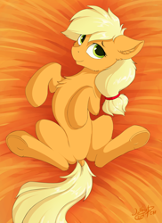 Size: 1600x2200 | Tagged: safe, artist:wolfypon, character:applejack, species:earth pony, species:pony, dock, ear fluff, featureless crotch, female, frog (hoof), hairband, looking at you, mare, on back, signature, smiling, solo, underhoof
