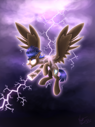 Size: 2304x3072 | Tagged: safe, artist:nightpaint12, character:flash sentry, species:pegasus, species:pony, cloud, cloudy, flash the lightning-bearer, flying, glow, glowing eyes, lightning, male, sky, solo, stormcloud