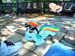 Size: 4320x3240 | Tagged: safe, artist:emedina13, character:fluttershy, character:rainbow dash, species:human, amusement park, bench, glasses, irl, photo, ponies in real life, shoes, six flags, sleeping, sneakers, vector