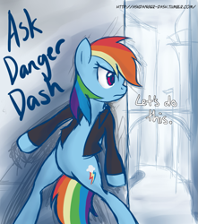 Size: 953x1080 | Tagged: dead source, safe, artist:tehjadeh, character:rainbow dash, species:pegasus, species:pony, ask, bipedal, clothing, danger dash, female, jacket, mare, simple background, solo, tumblr
