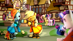 Size: 3840x2160 | Tagged: safe, artist:apexpredator923, character:applejack, character:bon bon, character:derpy hooves, character:fluttershy, character:rainbow dash, character:rarity, character:sweetie drops, character:twilight sparkle, character:twilight sparkle (alicorn), species:alicorn, species:pony, 3d, and then there's rarity, applejack also dresses in style, camera, clothing, dress, forced makeover, magic, rainbow dash always dresses in style, saloon dress, source filmmaker, tomboy taming