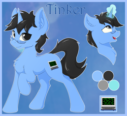 Size: 2238x2043 | Tagged: safe, artist:wolfypon, oc, oc only, oc:tinker doo, species:pony, species:unicorn, chest fluff, ear fluff, glasses, looking at you, magic, male, one hoof raised, open mouth, raised hoof, reference sheet, solo, stallion