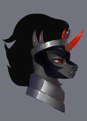 Size: 748x1046 | Tagged: safe, artist:sofiko-ko, character:king sombra, species:pony, bust, crown, fangs, gray background, jewelry, male, neck fluff, portrait, profile, red eyes, red horn, regalia, serious, serious face, simple background, solo
