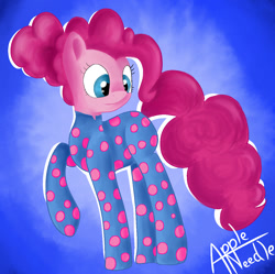 Size: 1230x1224 | Tagged: safe, artist:appleneedle, character:pinkie pie, species:earth pony, species:pony, alternate hairstyle, clothing, cute, diapinkes, female, footed sleeper, mare, pajamas, polka dots, solo