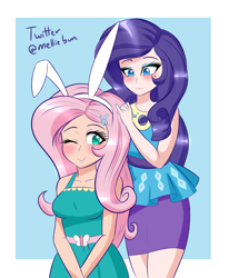 Size: 1650x2000 | Tagged: safe, artist:melliedraws, character:fluttershy, character:rarity, species:human, ship:rarishy, g4, my little pony: equestria girls, my little pony:equestria girls, blushing, breasts, bunny ears, busty fluttershy, clothing, cute, dress, female, geode of shielding, human coloration, humanized, lesbian, magical geodes, shipping, smiling