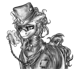 Size: 849x789 | Tagged: safe, artist:raychelrage, oc, oc only, species:pony, species:unicorn, fallout equestria, choker, clothing, craft, engraving, eyeglasses, female, hat, jewelry, mare, patch, pince-nez, pocket watch, raider, solo, suit