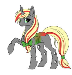 Size: 1920x2004 | Tagged: safe, artist:kxttponies, oc, oc only, parent:applejack, parent:queen chrysalis, parents:chrysajack, species:changepony, bow, female, hair bow, hybrid, magical lesbian spawn, offspring, raised hoof, simple background, solo, transparent background