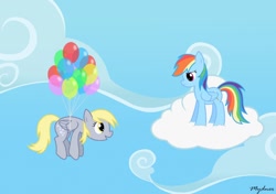 Size: 1224x864 | Tagged: safe, artist:mynder, character:derpy hooves, character:rainbow dash, species:pegasus, species:pony, balloon, cloud, cloudy, female, mare