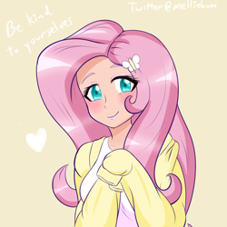 Size: 1600x1600 | Tagged: safe, artist:melliedraws, character:fluttershy, species:human, my little pony:equestria girls, blushing, bust, butterfly, clothing, cute, female, hairclip, heart, human coloration, shirt, shyabetes, smiling, solo, sweater, sweater vest, sweatershy