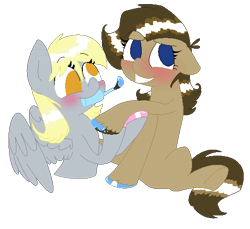 Size: 549x503 | Tagged: safe, artist:artflicker, character:derpy hooves, character:doctor whooves, character:time turner, ship:doctorderpy, blushing, derptoress, female, half r63 shipping, hoof polish, lesbian, mouth hold, nail polish, professor whooves, rule 63, shipping, smiling, the doctoress