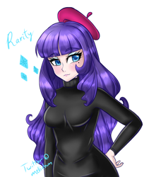 Size: 760x900 | Tagged: safe, artist:melliedraws, character:rarity, species:human, beatnik rarity, beauty mark, beret, clothing, female, hat, humanized, solo, sweater