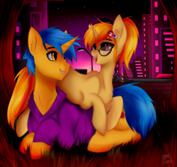 Size: 3179x3000 | Tagged: safe, artist:homecome, oc, oc:code sketch, oc:nenenyaa, species:pony, species:unicorn, city, clothing, commission, female, friendshipping, glasses, hairpin, high res, hoodie, just friends, looking at each other, male, mare, night, not shipping, stallion, ych result