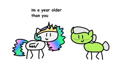 Size: 899x483 | Tagged: safe, artist:round trip, character:granny smith, character:princess celestia, species:alicorn, species:earth pony, species:pony, caption, comic sans, crown, ethereal mane, female, i'm a year older than you, image macro, in a nutshell, intentional spelling error, jewelry, mare, meme, regalia, simple background, stick pony, stylistic suck, text, white background