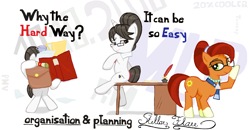 Size: 2924x1522 | Tagged: safe, artist:sallycars, character:raven inkwell, character:stellar flare, species:earth pony, species:pony, species:unicorn, g4, ascot, female, glasses, hair bun, jewelry, mare, mug, necklace, necktie, office, paperwork, quill, scroll, sitting, socks (coat marking)
