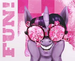 Size: 2647x2140 | Tagged: safe, artist:miradge, character:pinkie pie, character:twilight sparkle, episode:too many pinkie pies, g4, my little pony: friendship is magic, against glass, clones, glasses, micro, multeity, surreal