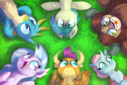 Size: 1500x1000 | Tagged: safe, artist:talonsofwater, character:gallus, character:ocellus, character:sandbar, character:silverstream, character:smolder, character:yona, species:changeling, species:classical hippogriff, species:dragon, species:earth pony, species:griffon, species:hippogriff, species:pony, species:reformed changeling, species:yak, g4, season 8, :3, blep, colored pupils, cross-eyed, cute, dappled sunlight, diaocelles, diastreamies, dragoness, featured on derpibooru, female, gallabetes, grass, hooves to the chest, looking sideways, looking up, lying down, male, on back, open mouth, park, sandabetes, smiling, smolderbetes, stallion, student six, tongue out, yonadorable
