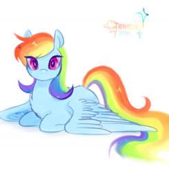 Size: 1280x1308 | Tagged: safe, artist:mirululu, character:rainbow dash, species:pegasus, species:pony, chest fluff, cute, dashabetes, female, looking at you, mare, no mouth, ponyloaf, prone, simple background, solo, spread wings, white background, wings