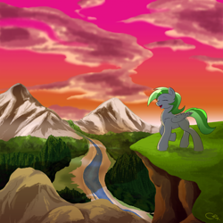Size: 3000x3000 | Tagged: safe, artist:stec-corduroyroad, oc, oc:forest rain, species:pegasus, species:pony, album cover, cliff, cloud, mountain, my little pony, river, scenery, singing, sunrise, sunset, tree