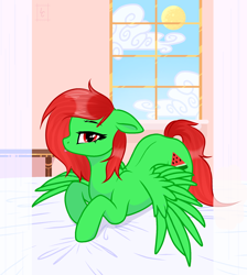 Size: 1934x2160 | Tagged: safe, artist:kim0508, oc, oc only, oc:watermelon frenzy, species:pegasus, species:pony, bed, bed sheets, bedroom eyes, curtains, cute, looking at you, lying on bed, male, seductive, solo, tongue out, trap, window, wings
