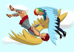 Size: 3504x2480 | Tagged: safe, artist:allonsbro, character:flash magnus, character:rainbow dash, species:human, ship:dashmagnus, armor, converse, female, flying, humanized, male, shipping, shoes, straight, winged humanization, wings