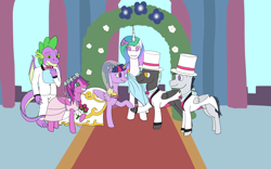 Size: 4800x3000 | Tagged: safe, artist:allonsbro, character:princess celestia, character:rumble, character:sky wishes, character:spike, character:thunderlane, character:twilight sparkle, character:twilight sparkle (alicorn), species:alicorn, species:dragon, species:pegasus, species:pony, adult, adult spike, bride, clothing, dress, female, flower filly, flower girl, flower girl dress, hat, male, mare, marriage, older, older spike, shipping, stallion, straight, suit, top hat, tuxedo, twilane, wedding, wedding dress, wedding veil, winged spike