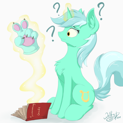 Size: 1500x1500 | Tagged: safe, artist:wolfypon, character:lyra heartstrings, species:pony, species:unicorn, book, female, glowing horn, hand, horn, magic, paws, peace sign, question mark, solo, summoning