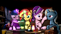 Size: 3840x2160 | Tagged: safe, artist:apexpredator923, character:starlight glimmer, character:sunset shimmer, character:trixie, character:twilight sparkle, character:twilight sparkle (alicorn), species:alicorn, species:pony, species:unicorn, 3d, 4k, :t, bag, book, bookshelf, boop, chair, couch, counterparts, crepuscular rays, cup, drink, drinking straw, female, floppy ears, food, glow, glowing horn, high res, horn, lantern, levitation, magic, magical quartet, mare, missing accessory, night, nose wrinkle, open mouth, popcorn, smiling, source filmmaker, table, telekinesis, twilight's counterparts, unamused, wall of tags, window, wings