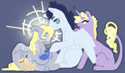 Size: 324x190 | Tagged: safe, artist:eqq_scremble, derpibooru original, character:derpy hooves, character:dinky hooves, character:soarin', oc, parent:derpy hooves, parent:doctor whooves, parents:doctorderpy, species:pegasus, species:pony, species:unicorn, eqqverse, ship:derpin', family, female, freckles, headcanon, lineless, male, next generation, offspring, parents:derpin', shipping, straight