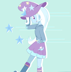 Size: 2368x2392 | Tagged: safe, artist:yuck, edit, character:trixie, my little pony:equestria girls, blue background, clothing, cropped, cute, diatrixes, female, hand on hip, hat, open mouth, profile, simple background, skirt, solo, stars, trixie's hat