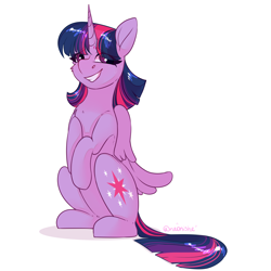 Size: 2000x2000 | Tagged: safe, artist:neonishe, character:twilight sparkle, character:twilight sparkle (alicorn), species:alicorn, species:pony, cheek fluff, chest fluff, cute, eye clipping through hair, female, mare, simple background, sitting, smiling, solo, twiabetes, white background