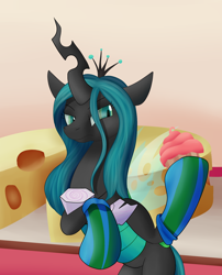 Size: 1282x1589 | Tagged: safe, artist:huffy26, character:queen chrysalis, species:changeling, changeling queen, clothing, cupcake, female, food, socks, solo, stockings, striped socks, thigh highs