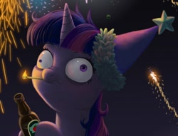 Size: 628x479 | Tagged: safe, artist:dalapony, character:twilight sparkle, species:pony, apple cider (drink), bottle, clothing, cropped, drunk, drunk twilight, faec, fireworks, hat, matchstick, messy mane, new year, party hat