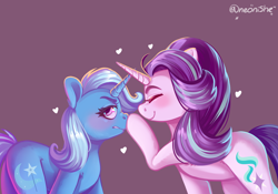 Size: 3000x2096 | Tagged: safe, artist:neonishe, character:starlight glimmer, character:trixie, species:pony, species:unicorn, ship:startrix, boop, cute, diatrixes, eyes closed, female, glimmerbetes, heart, lesbian, mare, purple background, shipping, simple background, smiling