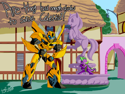 Size: 2400x1805 | Tagged: safe, artist:tofutiles, character:spike, species:dragon, bad dudes, bumblebee, crossover, male, parody, transformers, transformers prime