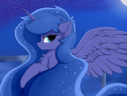 Size: 1600x1200 | Tagged: safe, artist:d.w.h.cn, character:princess luna, species:alicorn, species:pony, blushing, bust, chest fluff, cute, ear fluff, ethereal mane, female, galaxy mane, horn, lunabetes, mare, moon, night, portrait, profile, solo, spread wings, stars, wings