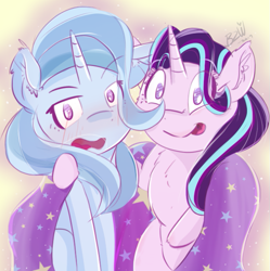 Size: 639x641 | Tagged: safe, artist:bow2yourwaifu, character:starlight glimmer, character:trixie, species:pony, species:unicorn, ship:startrix, blushing, chest fluff, female, lesbian, meme, otp, shipping, side hug