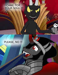 Size: 1400x1800 | Tagged: safe, artist:toucanldm, edit, edited screencap, screencap, character:king sombra, episode:the beginning of the end, g4, my little pony: friendship is magic, barely pony related, bendy, bendy and the ink machine, crossover, cuphead, cuphead meets mlp, demon, studio mdhr, the devil