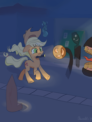 Size: 1800x2400 | Tagged: safe, artist:chaosmalefic, character:applejack, crossover, flashlight (object), monster, scared, yomawari