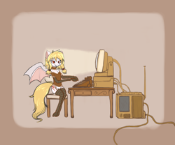 Size: 4200x3500 | Tagged: safe, artist:kamikazelenna, artist:metalliclenneth, oc, oc only, oc:wifina night, species:anthro, species:bat pony, clothing, collar, computer, corset, female, pantyhose, simple background, sitting, socks, solo, steampunk