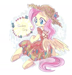 Size: 1915x1994 | Tagged: safe, artist:osawari64, character:fluttershy, species:pegasus, species:pony, butt wings, clothing, cute, dress, female, hat, head turn, mare, semi-anthro, sitting, smiling, solo, straw hat, sundress, wings