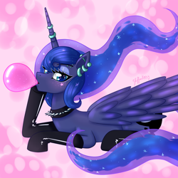 Size: 950x950 | Tagged: safe, artist:leffenkitty, character:princess luna, species:alicorn, species:pony, bubblegum, choker, clothing, ear piercing, earring, eyeshadow, female, food, gum, horn, horn ring, jewelry, latex, latex socks, lidded eyes, looking at you, lying down, makeup, piercing, socks, solo, spiked choker