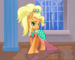 Size: 1280x1024 | Tagged: safe, artist:chaosmalefic, character:applejack, species:pony, alternate hairstyle, applejewel, clothing, dress, looking at you, window