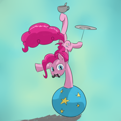 Size: 2048x2048 | Tagged: safe, artist:chaosmalefic, character:pinkie pie, species:pony, balancing, ball, cup, plate spinning, teacup