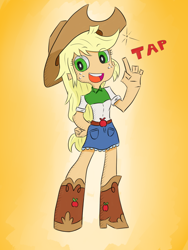 Size: 900x1200 | Tagged: safe, artist:chaosmalefic, character:applejack, my little pony:equestria girls, beautiful, belt, boots, clothing, cowboy boots, cowboy hat, cowgirl, cute, denim skirt, female, freckles, gradient background, green eyes, hat, jackabetes, looking at you, miniskirt, panty and stocking with garterbelt, shoes, skirt, smiling, stetson, style emulation, yellow hair