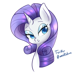 Size: 1500x1500 | Tagged: safe, artist:melliedraws, character:rarity, species:pony, species:unicorn, bust, colored pupils, cute, eyeshadow, female, lidded eyes, makeup, mare, portrait, raribetes, simple background, smiling, solo, white background