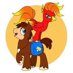 Size: 800x800 | Tagged: safe, artist:perfectpinkwater, species:classical hippogriff, species:earth pony, species:hippogriff, species:pony, backpack, banjo kazooie, banjo the bear, classical hippogriffied, duo, female, jiggie, kazooie, male, ponified, saddle bag, simple background, species swap, stallion, super smash bros., super smash bros. ultimate