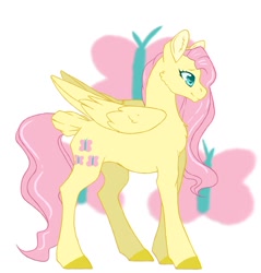 Size: 1024x1073 | Tagged: safe, artist:uniquecolorchaos, character:fluttershy, species:pegasus, species:pony, cutie mark background, female, mare, simple background, solo, tail feathers, white background