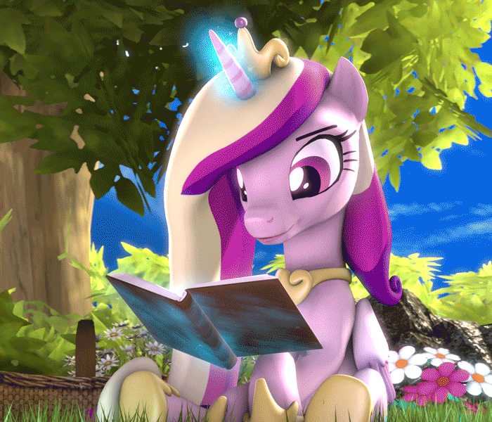 Size: 700x600 | Tagged: safe, artist:apexpredator923, character:princess cadance, species:pony, 3d, adorkable, animated, beautiful, book, butterfly, butterfly on nose, cute, cutedance, dawwww, dork, female, flower, gif, insect on nose, magic, reading, solo