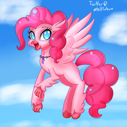 Size: 2000x2000 | Tagged: safe, artist:melliedraws, character:pinkie pie, species:classical hippogriff, species:hippogriff, newbie artist training grounds, atg 2019, cheek fluff, cute, diapinkes, female, flying, hippo pie, hippogriffied, jewelry, necklace, solo, species swap